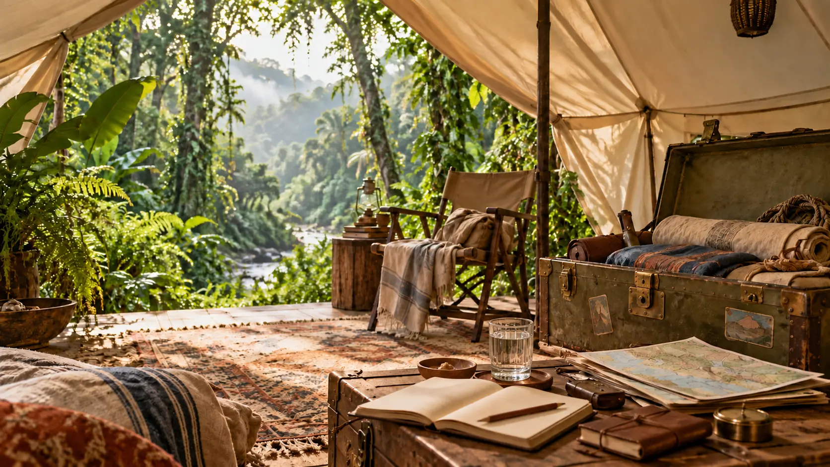An airy, lived-in canvas field tent with a comfortable chair, open notebook, textured glass of water, maps, textiles, and a sturdy traveled trunk looking into dense jungle.